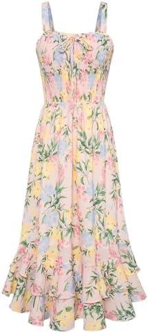 GRACE KARIN Women's 2026 Summer Floral Boho Dress Square Neck Strapped Swing A Line Sundress Beach Long Maxi Outfits, L