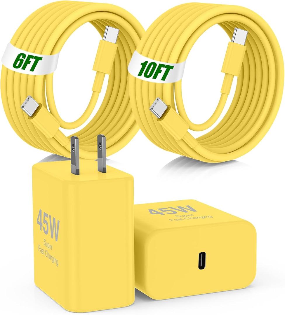 45W Super Fast Charger Type C for Samsung,2Pack USB C Fast Charging Block with 10/6FT Type C Charging Cord for Samsung Galaxy S24/S23/S22,Android,Galaxy Tablet,iPhone 17 16 Pro Max-Yellow