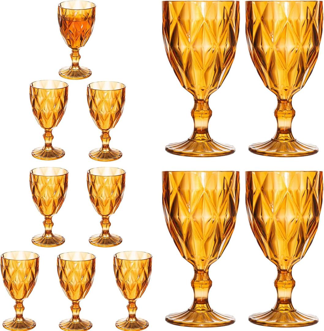 12 Pack Vintage Wine Glasses, Plastic Reusable 12 Ounce Colored Water Goblets, Unique Embossed Pattern Unbreakable Stemmed Wine Glasses High Clear Wedding Party Bar Drinking Cups Amber