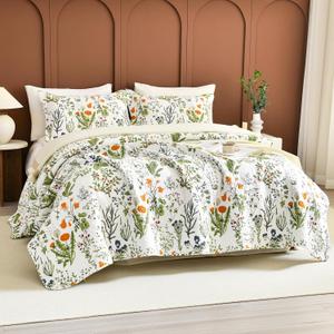 Sanracie 100% Cotton Floral Queen Quilt Bedspread Set,Yellow Flowers Plant Pattern Botanical Printed Green Floral Quilt Bedding Set 3Pcs Super Soft Lightweight Queen Coverlet Set for All Season