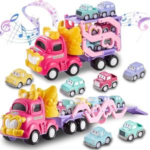 Sciencow Toddler Girls Cars for 1 2 3 4 5 Year Old,7-in-1 Pink Princess Foldable Transport Carrier Trucks with Lights and Music,Birthday Presents for 1-3 3-5 Yrs Old Babys