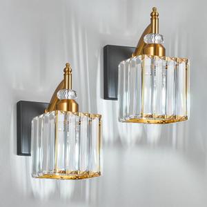Modern Wall Sconces Set of Two Black Gold Indoor Wall Mounted Room Sconce Crystal Wall Lighting Bathroom Vanity Light Fixtures (2-Pack)