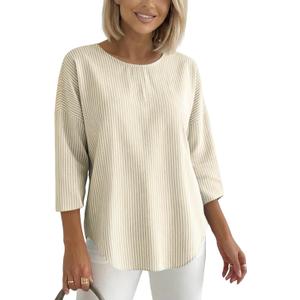 Women's 2026 Summer 3/4 Sleeve Tops Casual Striped T Shirts Crewneck Loose Office Work Shirts Cotton Blouses (Beige, M)