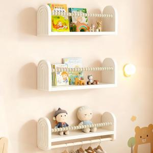 OurWarm Nursery Book Shelves for Wall Set of 3, White Natural Wood Nursery Floating Shelves with Towel Bar, Wall Mounted Floating Bookshelves for Baby Room Kids Room Living Room Storage and Decor