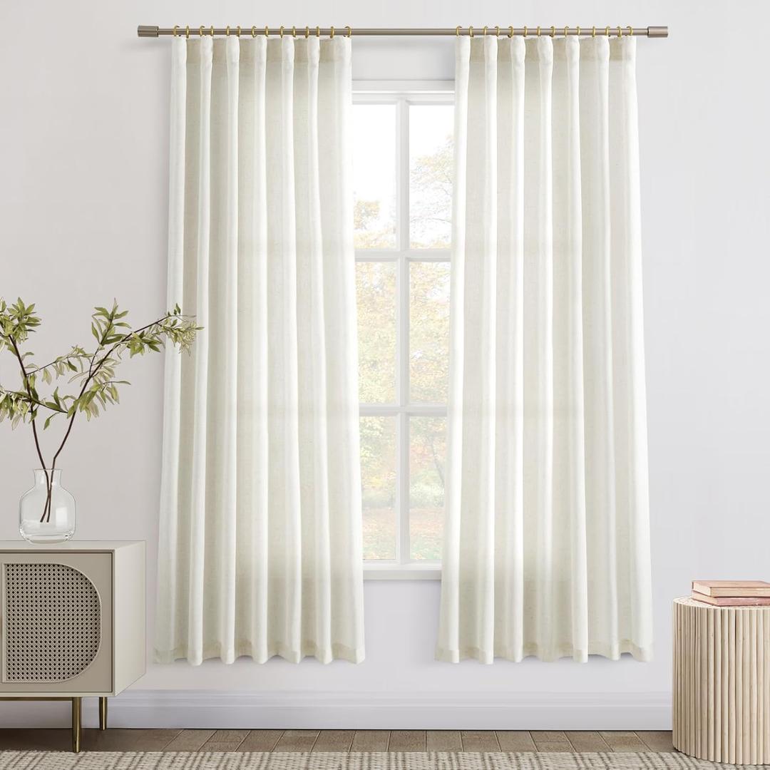 Joywell Ivory Cream Sheer Linen Curtains 72 Inch Length 2 Panels Set for Bedroom Pinch Pleated Back Tab Cotton Flax Linen Drapes White Oatmeal Neutral Modern Farmhouse Curtains for Dining Room Window (Natural)