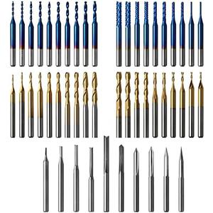 Genmitsu 50pcs Tungsten Carbide End Mill Router Bits, 1/8'' Shank CNC Bit Set Including 2-Flute Straight Bit, Flat Nose & Ball Nose End Mill, PCB Drill & V-Groove Engraving Bits, Nano Blue Coat, MC50A