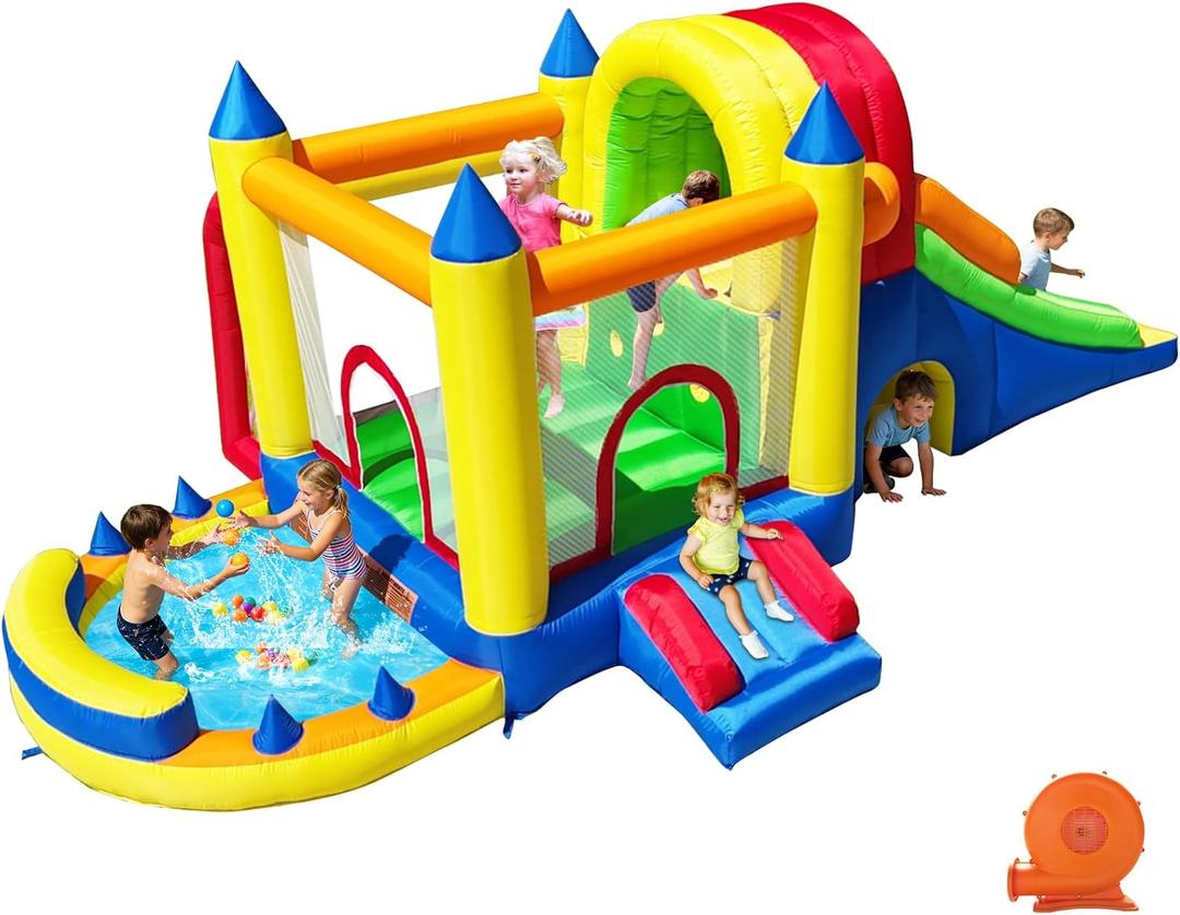 Hongcoral 8 in 1 Bounce House for Kids with Long & Wide Slide, Large Climbing Wall and Ball Pit (Water Pool) - Backyard Inflatable Playground - Extra Small Slide, Tunnel Adventure and Soccer Goal