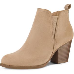 mysoft Women's Ankle Boots V Cut Side Elastic Panel Stacked Chunky Heel Booties with Side Zipper (6, Nude)