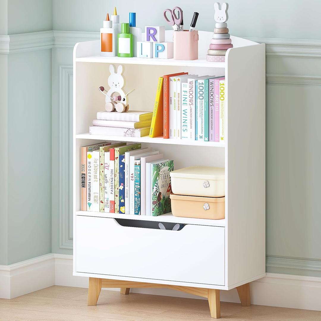 UTEX Kids Bookshelf, Children Bookcases with Storage and Drawer, Wood Kids Toy Storage Organizer for Playroom, Nursery School, White | with Storage, and Drawer, for Playroom, Nursery School, 12d X 24w X 37h in