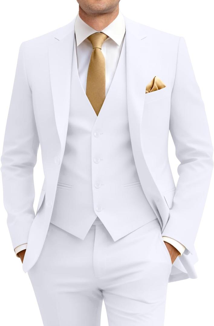 Men's Slim Fit 3 Piece Suit Two Button Business Wedding Dress Tux Suit Set Jacket Vest Pants with Tie (White, XXXL)