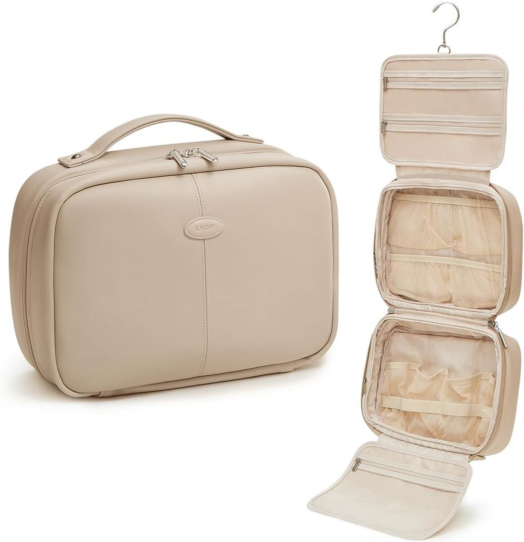 EACHY Toiletry Bag with Hanging Hook, Travel Makeup Bag PU Leather Cosmetic Bags for Women Make Up Organizer with 4 Compartments Waterproof Full-Size Portable Travel Essentials (TrenchPro)