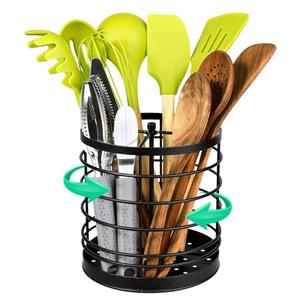 KOLUTI 360° Rotating Kitchen Utensil Holder Organizer, 7.2" x 7" Extra Large Cooking Tool Storage Round Caddy, Weighted Base with Drain Hole, Wire Metal Flatware Crock for Countertop, Paint Black