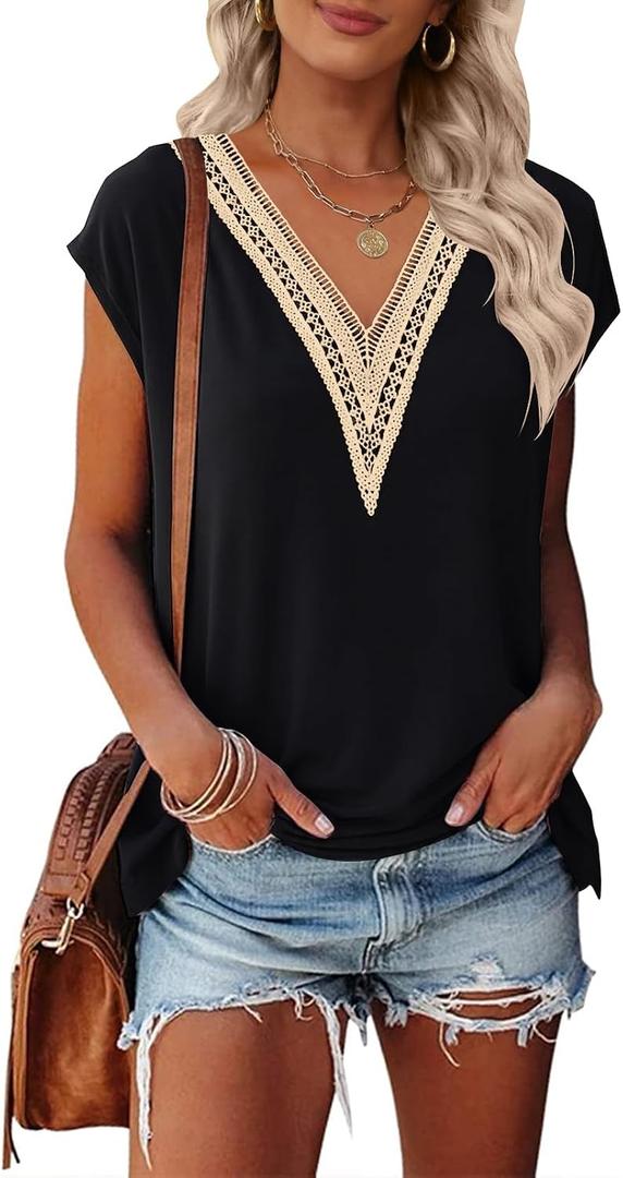 MEROKEETY Women's Boho Cap Sleeve Lace Trim V Neck Tops 2026 Summer Casual Loose Beach Vacation Tee Shirts Blouse, M, Black
