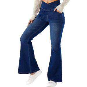 MONCCIZA Women Stretchy Bell Bottom Flare Jeans Pull On Pants with Pockets (Blue, XL)