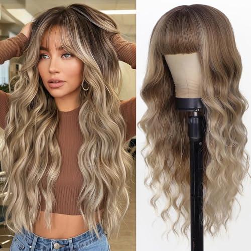 AISI QUEENS Ombre Blonde Wig with Bangs Long Blonde Wavy Wigs for Women Synthetic Curly Wavy Wigs with Dark Root Middle Part Heat Resistant Wig for Daily Party Wear