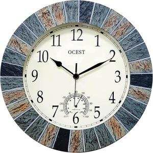 OCEST 13 Inch Large Outdoor Indoor Clock, Waterproof Wall Clock with Thermometer, Weather-Resistant Non-Ticking Battery Operated Decor for Patio, Pool, Lanai, Fence, Porch, GardenBrown