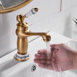 Antique Brass Bathroom Faucet Elegant Bathroom Sink Faucet Single Hole Cold and Hot Water Basin Sink Vintage Style (Gold Blue and White Porcelain)