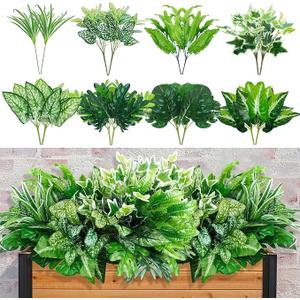 16 Bunches Fake Plants Outdoor UV Resistant Artificial Bushes Green Boxwood Shrubs Faux Plastic Plants Greenery Stems for Spring Outdoor Garden Patio Front Porch Yard Home Decor