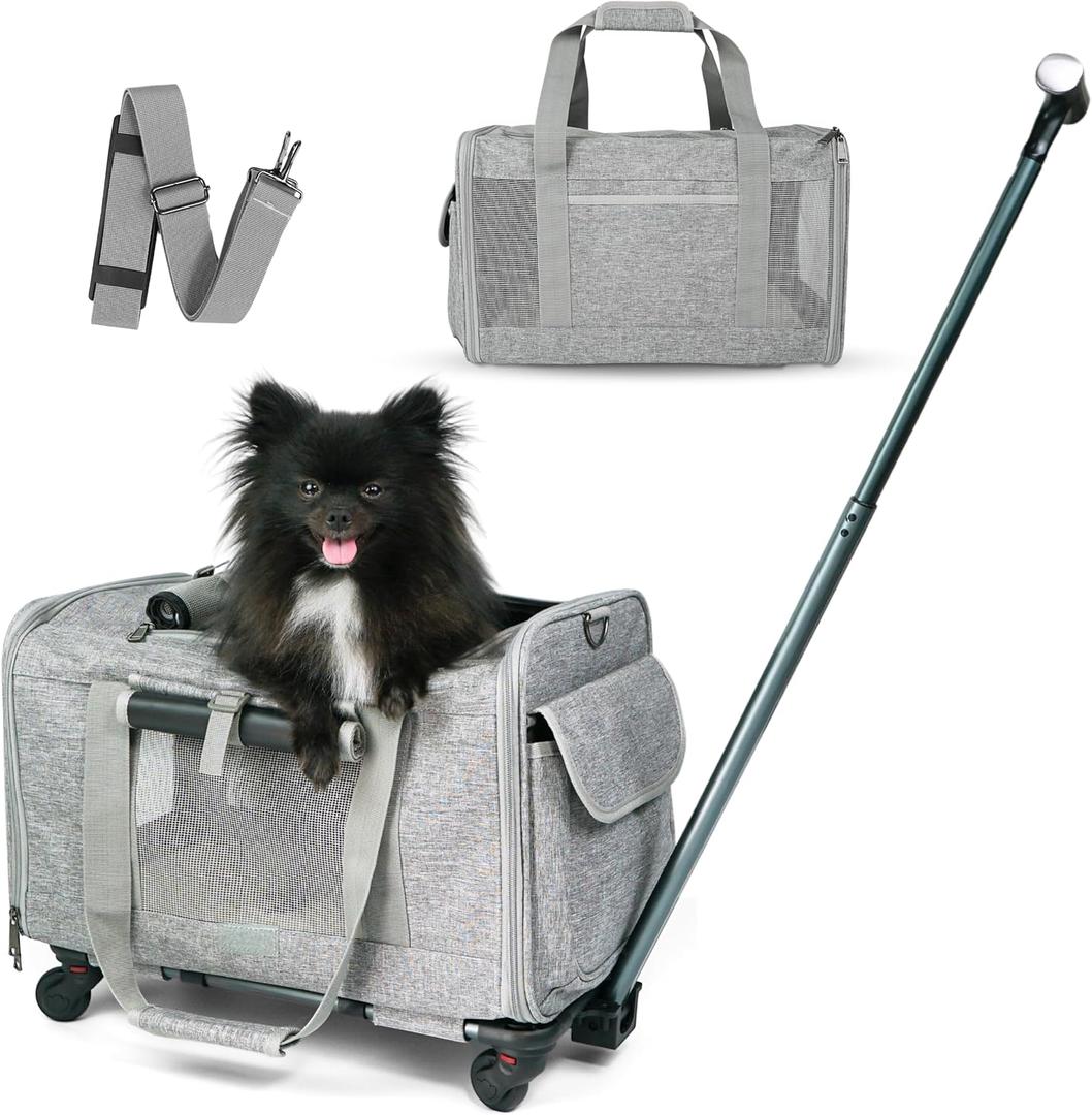 Pet Carrier With Wheels for Dogs Up To 15lbs  Airline Approved Dog Carrier - Rolling Pet Carrier w/ Removable Wheels & Washable Plush Mat  Cat Travel Carrier w/ Telescopic Handle & Shoulder Strap (grey)