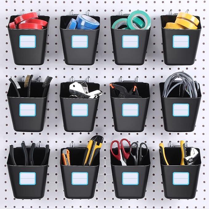 Namalu 12 Pack Peg Board Storage Bins with Labels and Hooks Square Box Shape Pegboard Cup Holder Accessories Pegboard Organizer for Craft Room Wall holder Workbench(4.7 x 4 x 5 Inch, Black)