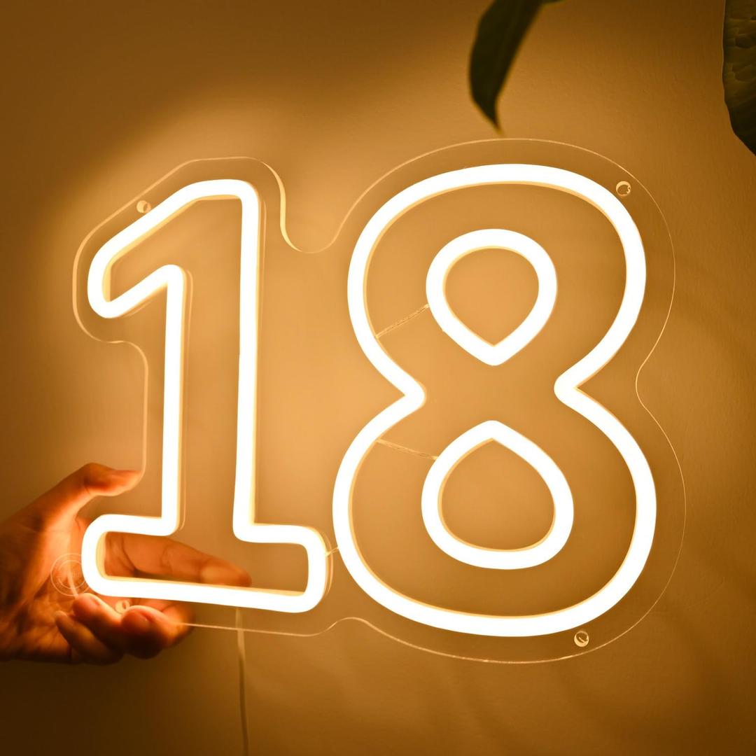 Britrio 18th Birthday Neon Sign Backdrop Decoration LED Neon Light for 18 Years Old Birthday Anniversary Party Wall Decor Banner Supplies for Girl Boy Light Up Number Letter 5V USB Warm White 11.81