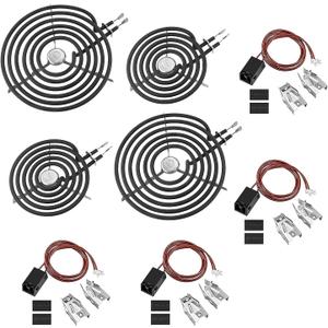 WB30M1 WB30M2 Electric Stove Burners & WB17T10006 Terminal Block Kit & WB31M19 WB31M20 Black Porcelain Burner Drip Pans Set Fit for GE KenMore HotPoint Electric Range Burner Set by Fetechmate