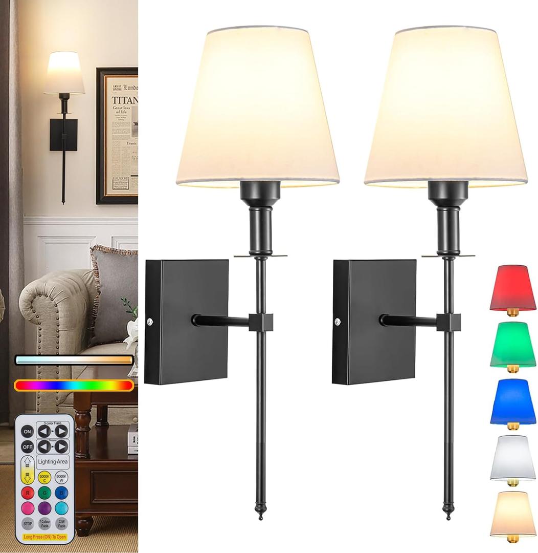Wall Lights Battery Operated Wall Sconces Set Of 2,Black Rechargeable Wall Light With Wireless Remote Dimmable,12 Colors Modes Cordless Battery Sconce Indoor Wall lamp for Bedroom Living Room Hallway