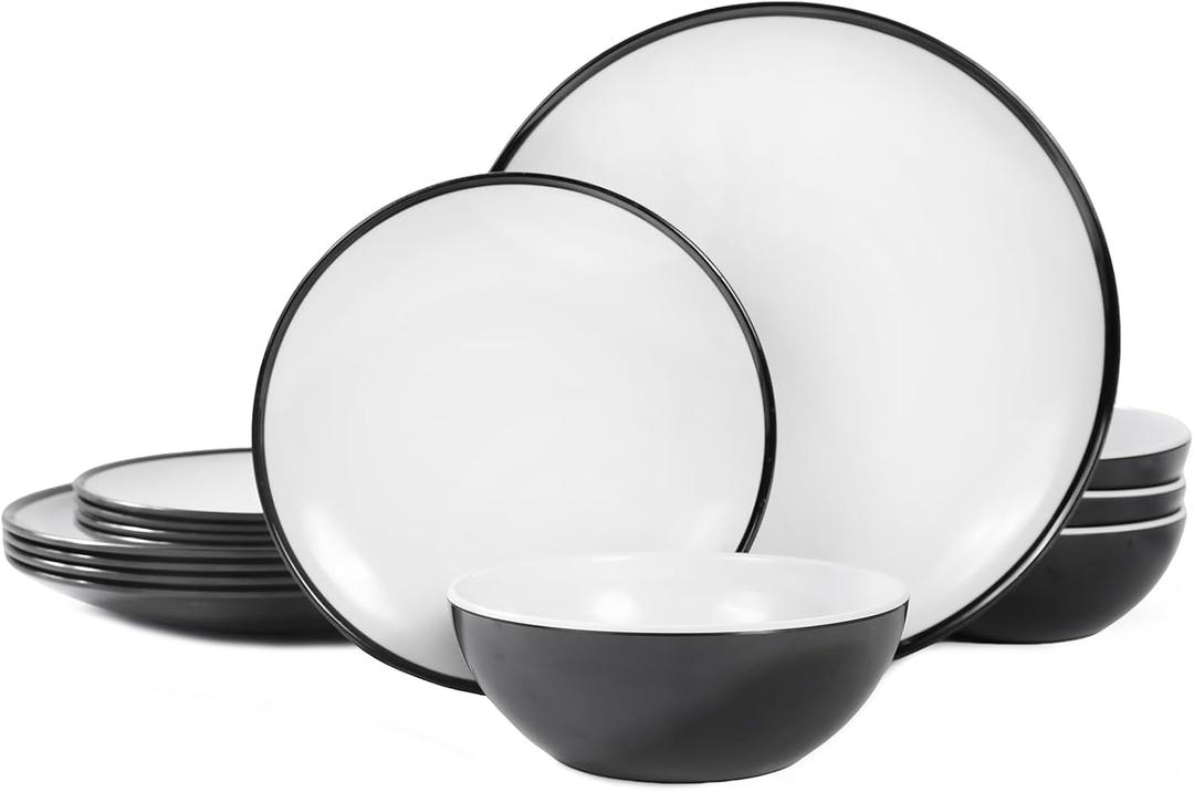 Melamine Plates Set of 4 12-Piece Serving Dinnerware for Indoor/Outdoor Use, Durable Dishwasher-Safe Plates,White and Black
