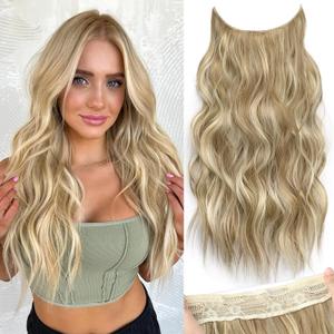 KooKaStyle Invisible Wire Hair Extensions with Transparent Wire Adjustable Size 4 Secure Clips Long Wavy Curly Secret Synthetic Hairpieces(20 Inch,Dark Ash Blonde mix Light Blonde Highlights)