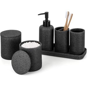 ZCCZ Black Bathroom Accessories Set 6 Pcs- Toothbrush Holder, Lotion Dispenser, 2 Qtip Container, Vanity Tray, Tumbler for Countertop Organizer - Modern Bathroom Decor and Storage Solution (Black Stone)