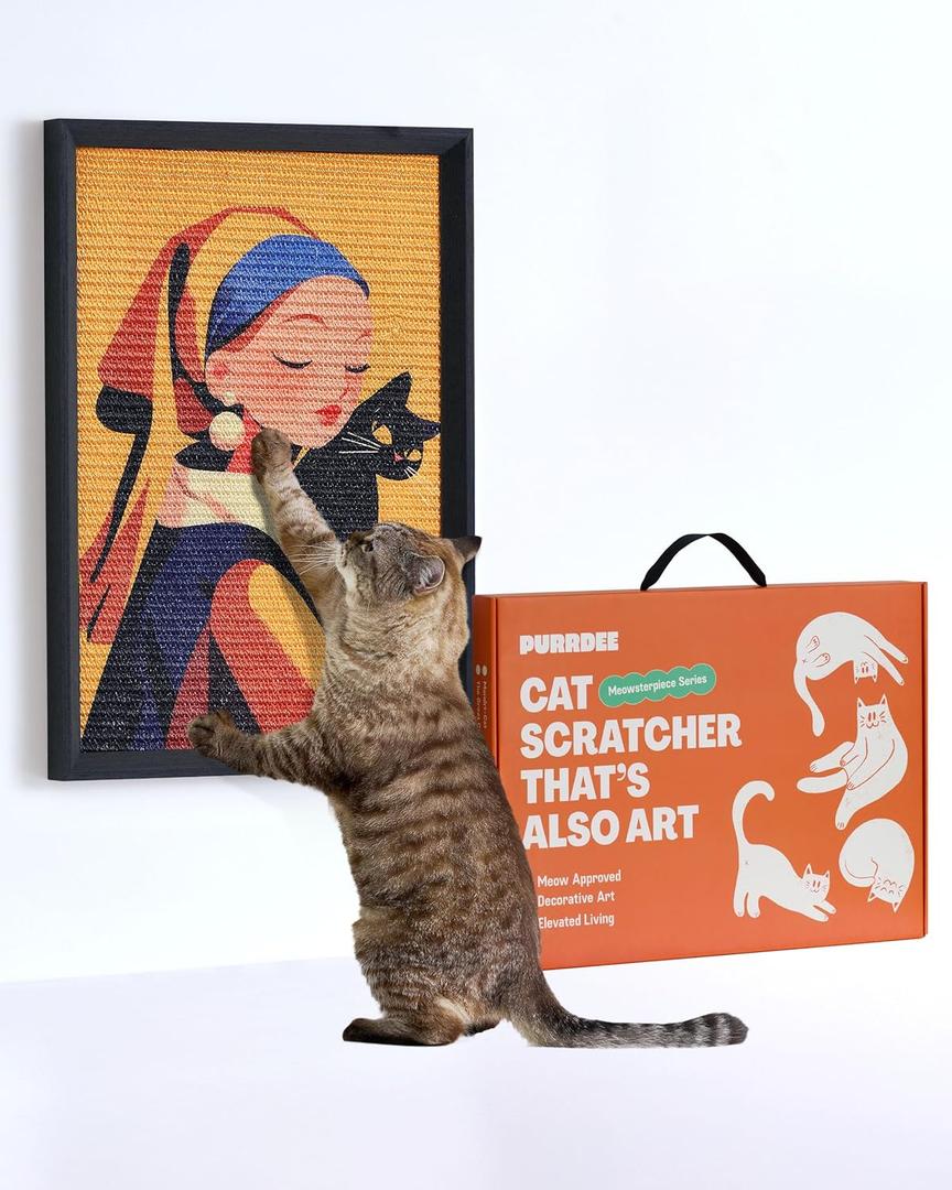 Decorative Wall Art Cat Scratcher with Vertical Mounted Design for Indoor Cats, Featuring a Durable 14x20 Sisal Scratch Pad and Post for Scratching with Cute and Funny Look (Girl with a Purr)