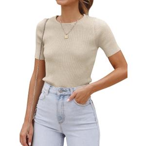 ZESICA Women's Short Sleeve Sweater Tops 2025 Summer Crewneck T Shirt Ribbed Knit Slim Fit Basic Solid Color Tee (Large, Almond)