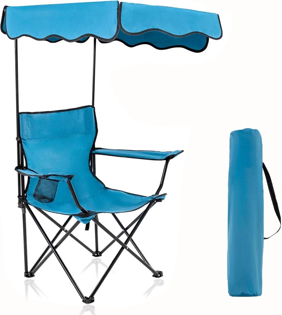 Homcosan Folding Camping Chair with Shade Canopy and Cup Holder Beach Chair with Canopy Shade Thicken 600D Oxford Portable Chairs Heavy Duty Support 330lbs for Outdoor, 1 count