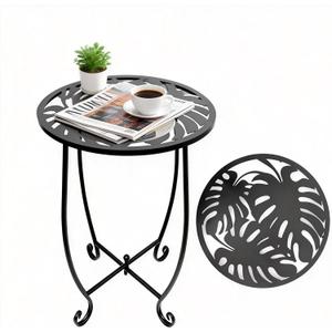 Outdoor Side Table 15 Inch Tall, Tool-Free Metal Patio End Table with Monstera Design, Space Saving Round Stand for Porch Balcony Garden (Monstera)