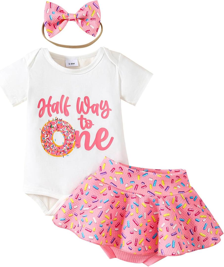 Baby Girl Half Birthday Outfit Half Way to One Romper+Skirt Shorts+Headband Cake Smash Clothes Set (3-6 Months)