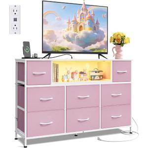 WLIVE LED Dresser TV Stand for 55 Inch TV, 8 Drawers, Pink