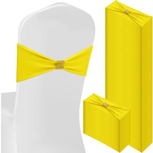 Hahafelt 100 Pcs Spandex Chair Sashes Bows with Rhinestone Ring Buckle Slider Elastic Universal Bowknot Chair Cover Bands Ties for Wedding Banquet Ceremony Event Party Decoration(Lemon Yellow)