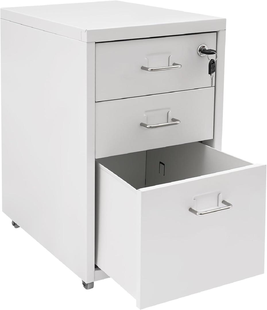 3 Drawer Vertical File Cabinet with Lock, Filing Cabinet Under Desk Office Storage Cabinet with Wheels, Desk Drawers Cabinet for Home Office,11" W x16 D x18.3 H (White, 3 Tiers)