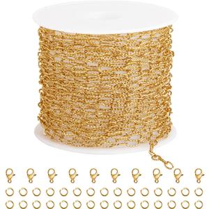 SMYHTGLIF 16.4 Feet Gold Stainless Steel Jewelry Making Chains Oval Embossed Chain Bulk DIY Paperclip Chain with Lobster Clasps and Jump Rings for Jewelry Making