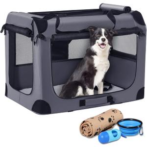 Petprsco Portable Dog Crate - 32"x23"x23" Collapsible Dog Travel Crate for Medium/Large Dogs with Soft Blanket, Foldable Bowl & Poop Bag Dispenser - Indoor & Outdoor Use