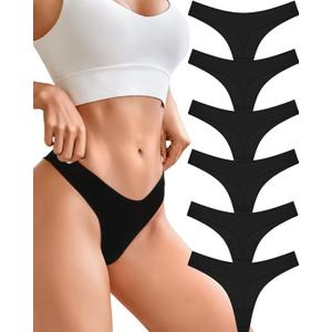CUTE BYTE Cotton Thongs for Women Sexy Ladies Panties Breathable Stretch Hipster Cotton Underwear 6 Pack XS-XL (Black)