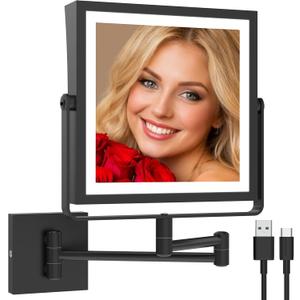 Ruacq Rechargeable Wall Mounted Makeup Mirror with Lights, Double Sided 1X/10X Magnifying Vanity Mirror with 3 Color Lighting, Touch Screen Dimmable, 360° Rotation Extension Foldable Arm(Matte Black)