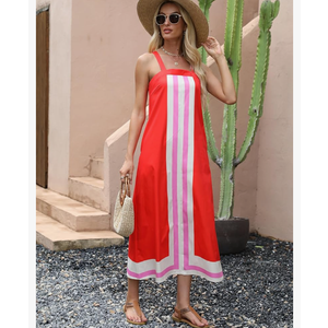 Fiona Jolin Womens Summer Maxi Dress Boho Striped Shoulder Strap Long Sundress Beach Cover Up Dress (Red-XSmall)