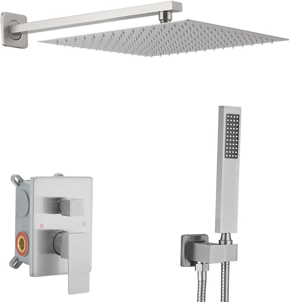 Brushed Nickel Shower System 12 Inch Bathroom Luxury Rain Mixer Shower Combo Set Wall Mounted Rainfall Shower Head and Handheld System Shower Faucet Set Rough-in Valve Body and Trim Kit