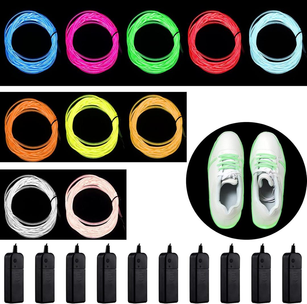Tuanse 10 Pack EL Wire 9.8 ft LED Wire Lights with Battery Pack Portable Neon Lights Cuttable Glowing Strobing Electron Luminescent LED for Party DIY