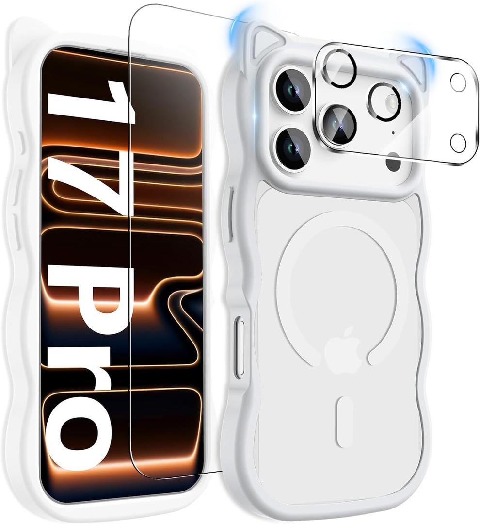 HIFDVD 3 in 1 Magnetic for iPhone 17 Pro Case for Women Girls,1X Screen Protector+1X Camera Lens Protector,Compatible with MagSafe,Translucent Matte,Cute Cat-Ear Wavy Phone Case,6.3",Milky White