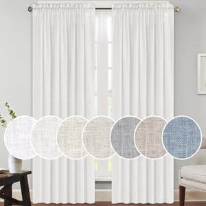 PrinceDeco Linen Curtains 84 Inch Long Rod Pocket Window Drapes for Bedroom Energy Saving Light Reducing Vertical Drapes Country Rustic Linen Blended Curtains, 2 Panels (White, 52" W x 84" L)
