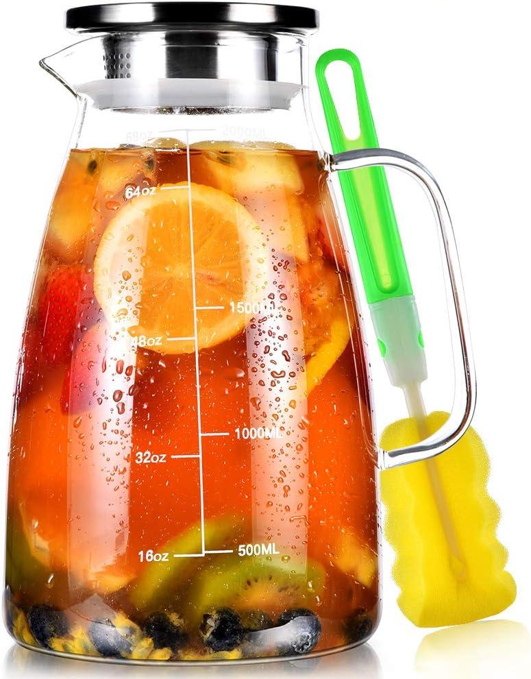 Aofmee Glass Pitcher with Lid, 68oz Water Pitcher with Handle and Precise Scale Line, Stainless Steel Iced Tea Carafe, Heat Resistant Borosilicate Jug for Juice, Milk, Cold or Hot Beverages