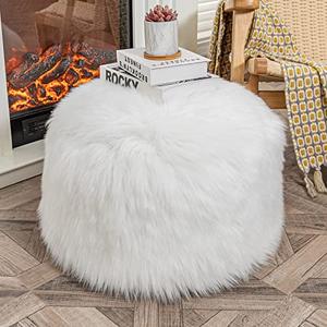 Fur Ottoman Stool, Footstool Cover, Unstuffed Ottoman Pouf Covers, Small Faux Fur Foot Stool, 20x20x12 Inches Round Poof Seat, Floor Bean Bag Chair, Foot Rest Storage for Living Room, Bedroom White