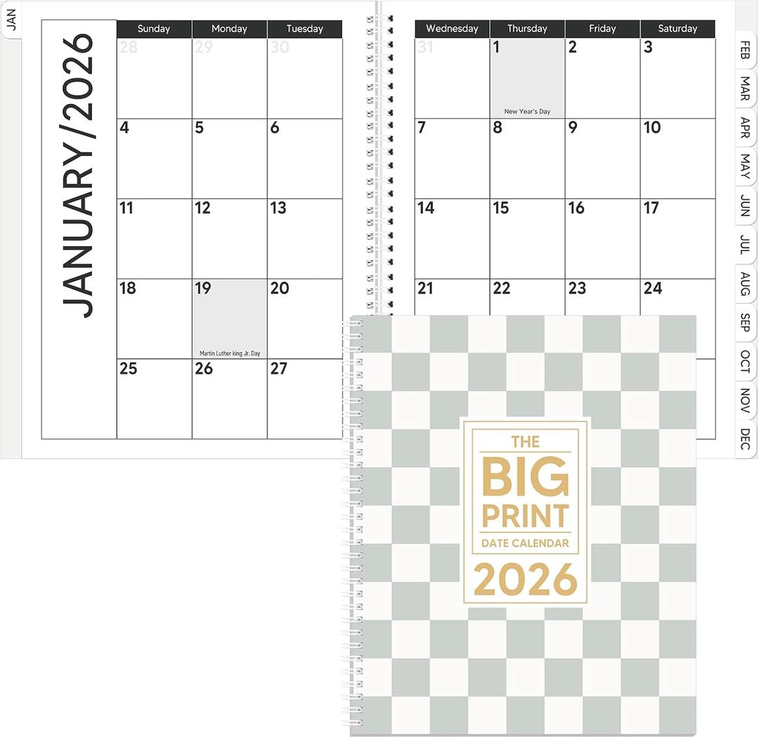 Big Print 2026 Date Calendar Daily Plan Organizer Large Print Calendar 2026 for People with Visually Impaired, Low Vision and Seniors (Green,Plaid)